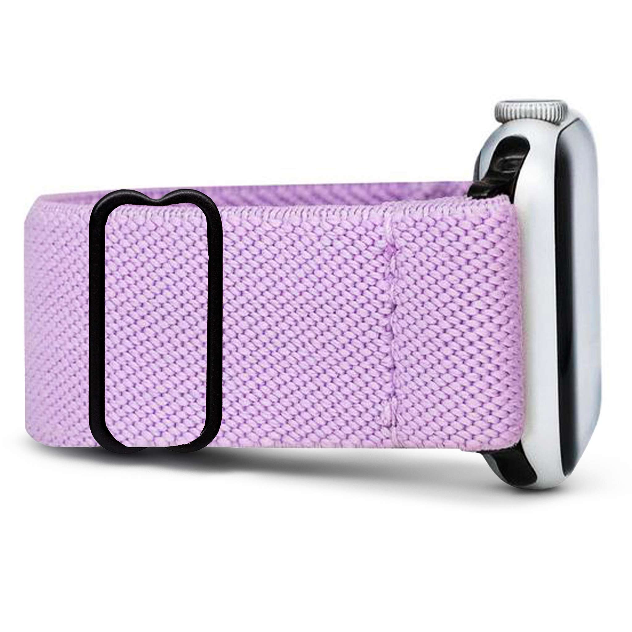 Smartwatch with a lavender woven band.
